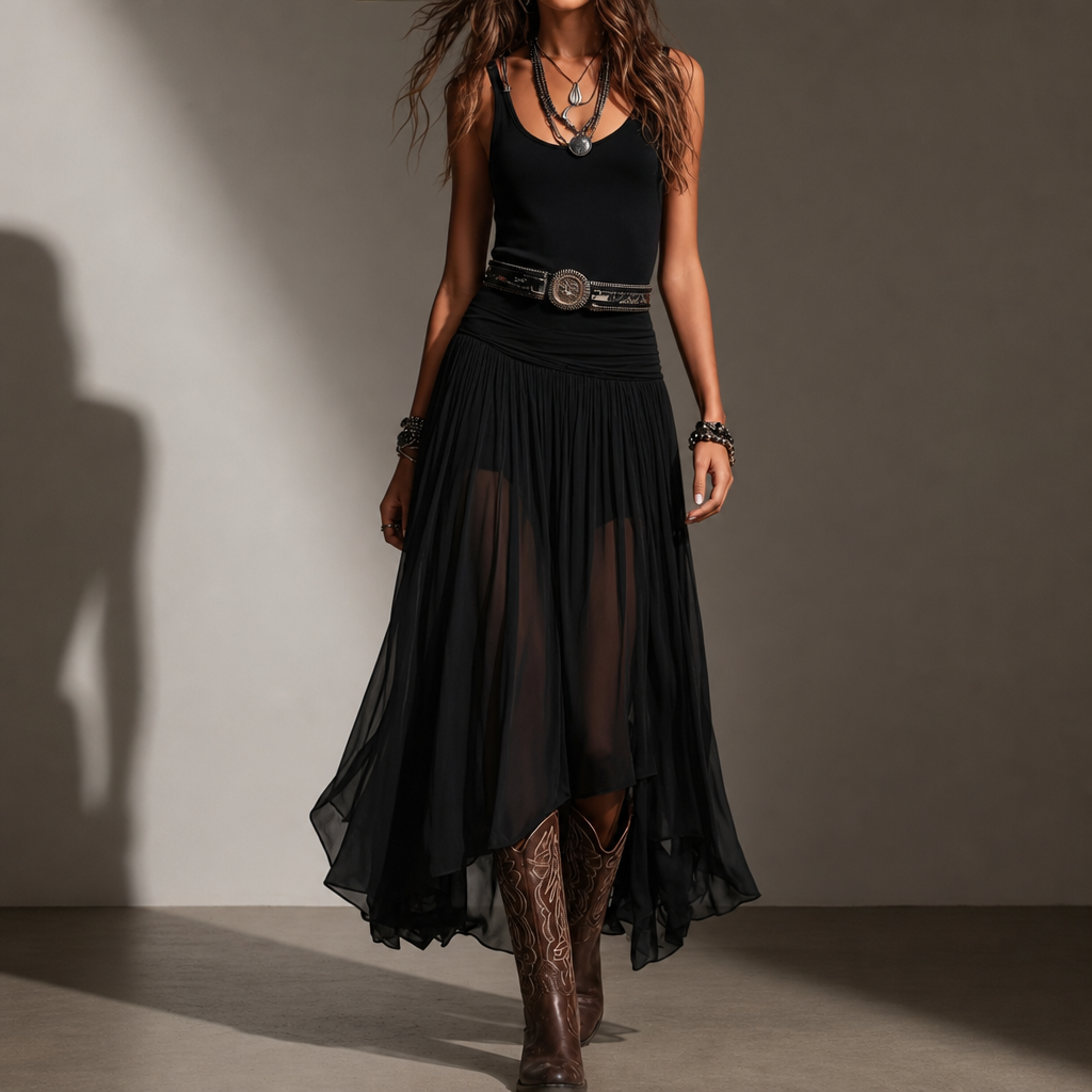 Skopelos Sheer Tulle Belted Maxi Dress
