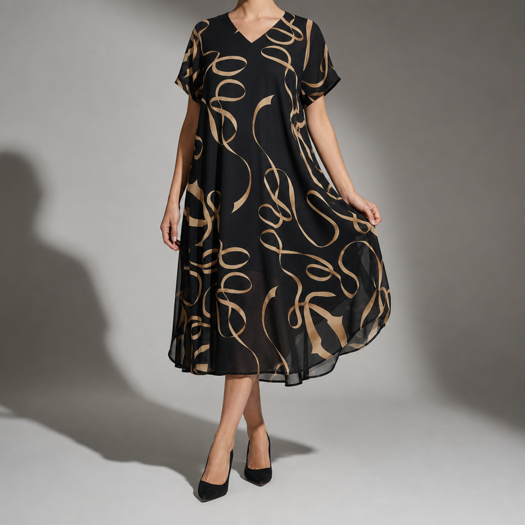 Calpe Gold Print Chiffon Midi Dress