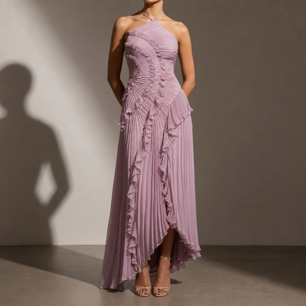 Beaulieu Pleated Ruffle Halter Dress