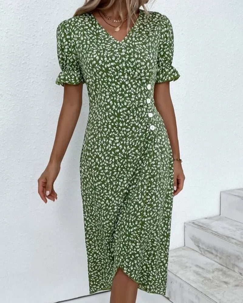 Women's Floral Summer Midi Dress with V-Neckline and Tummy Coverage