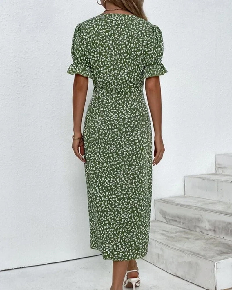 Women's Floral Summer Midi Dress with V-Neckline and Tummy Coverage