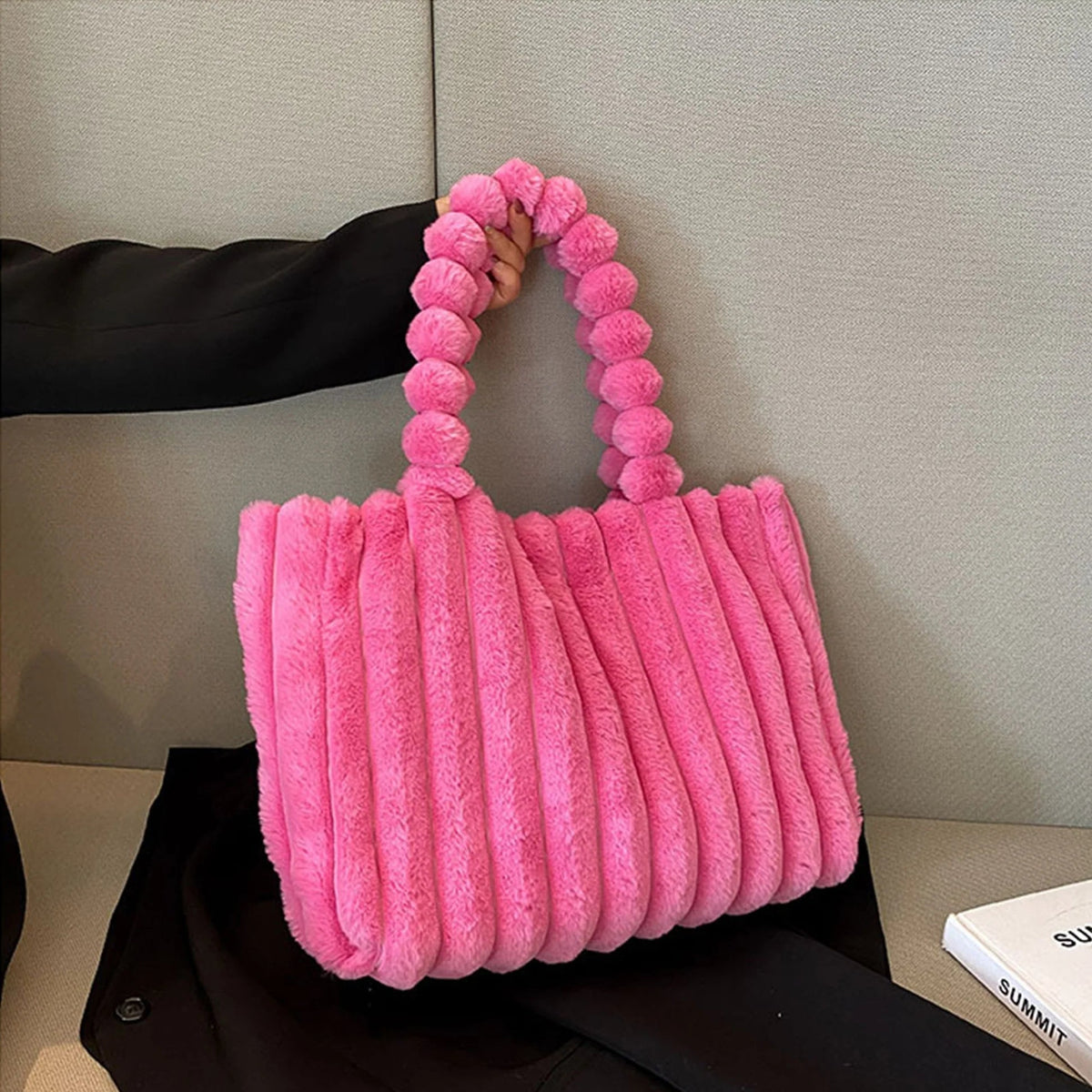 Women's Plush Ribbed Handbag with Beaded Handle