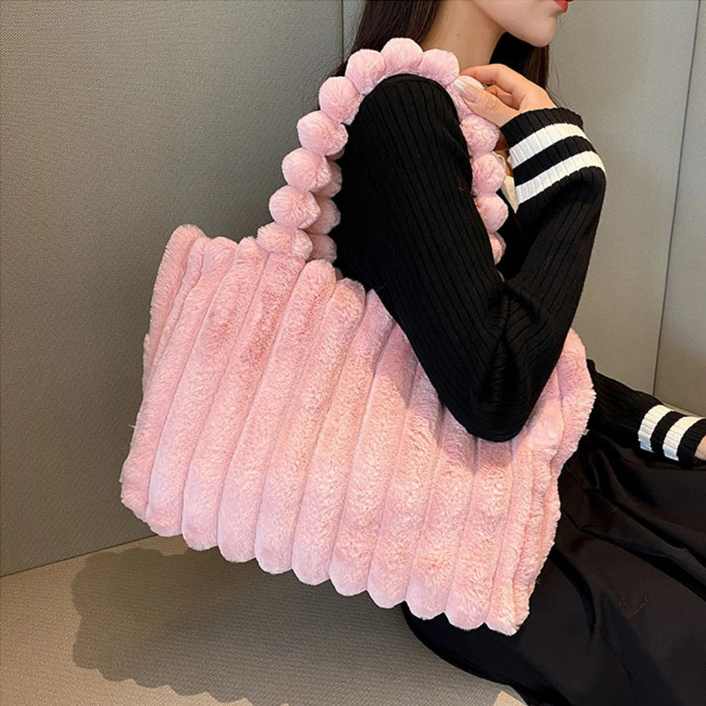 Women's Plush Ribbed Handbag with Beaded Handle