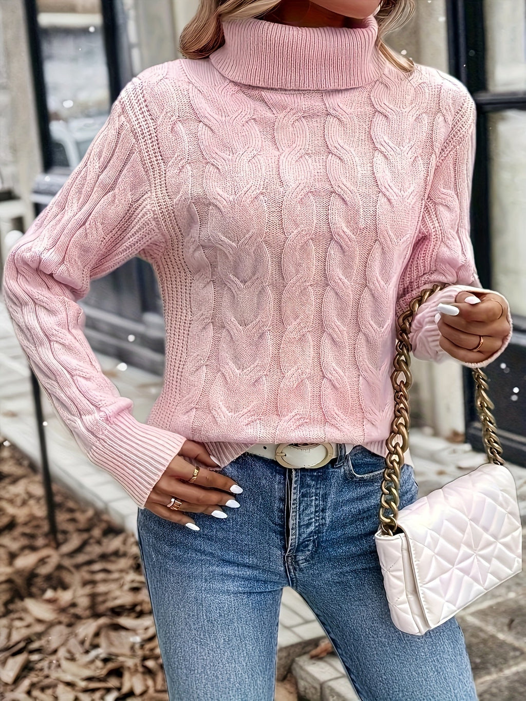 Women's Cable-Knit Turtleneck Sweater with Long Sleeves