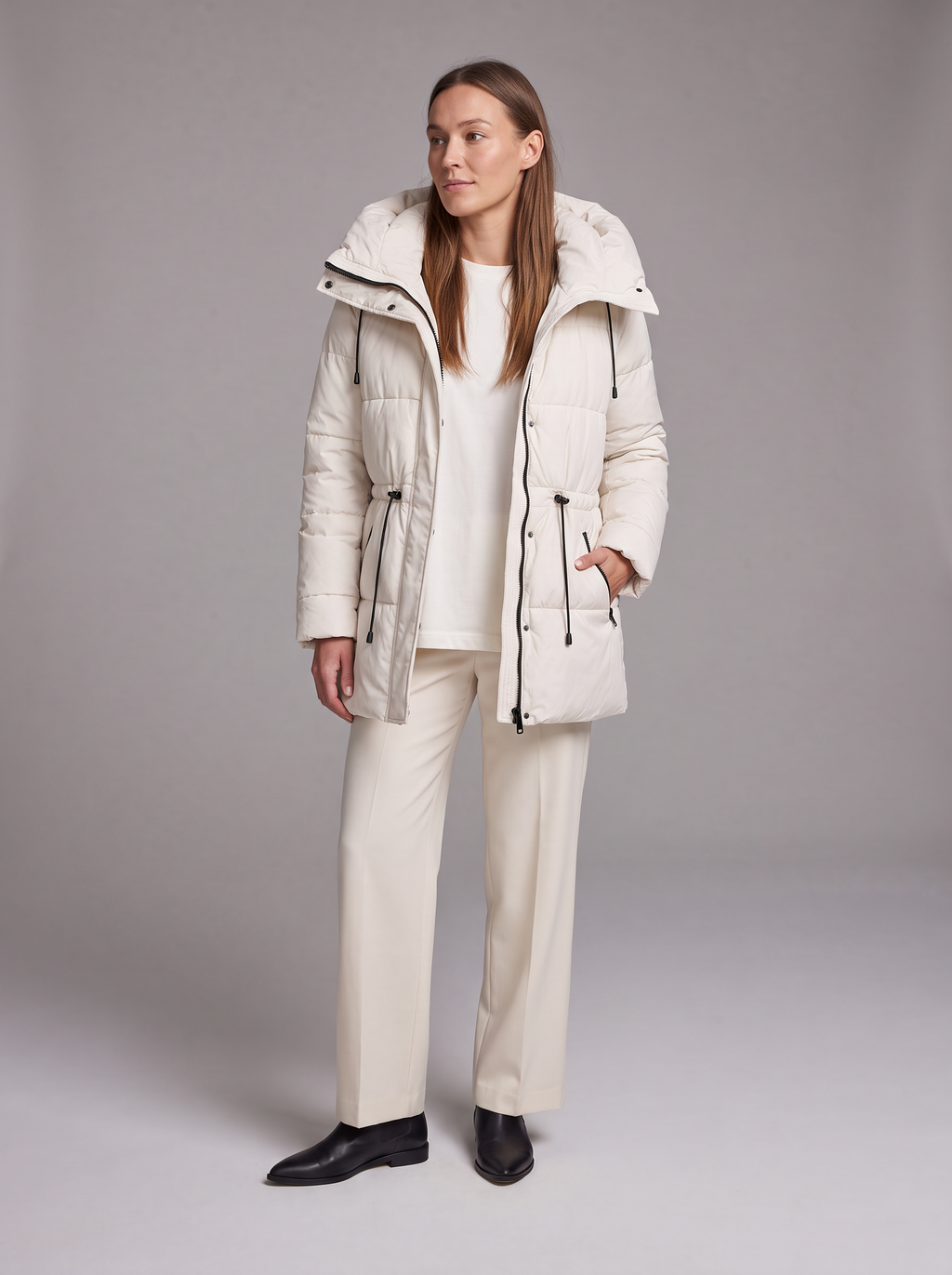 Women's Beige Hooded Puffer Coat, Quilted, Zip Front