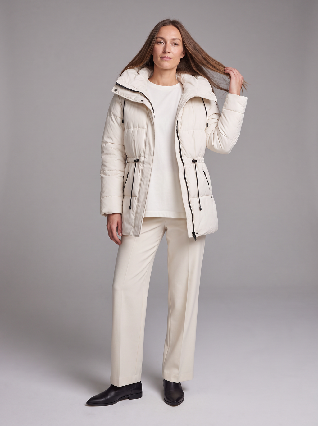 Women's Beige Hooded Puffer Coat, Quilted, Zip Front