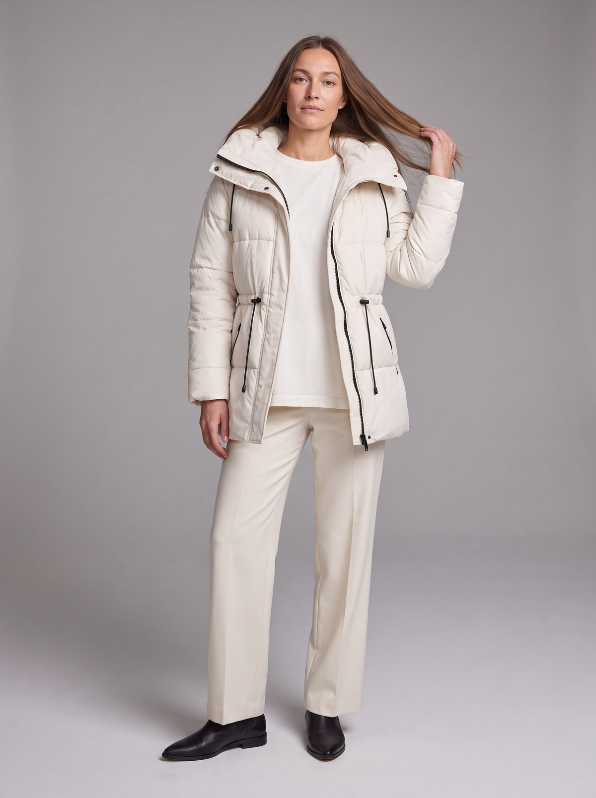 Women's Beige Hooded Puffer Coat, Quilted, Zip Front