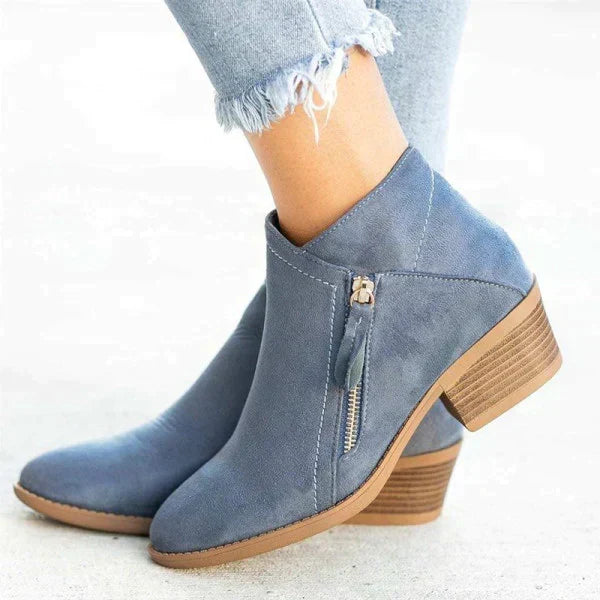 Women's Ankle Boots with Side Zipper and Block Heel