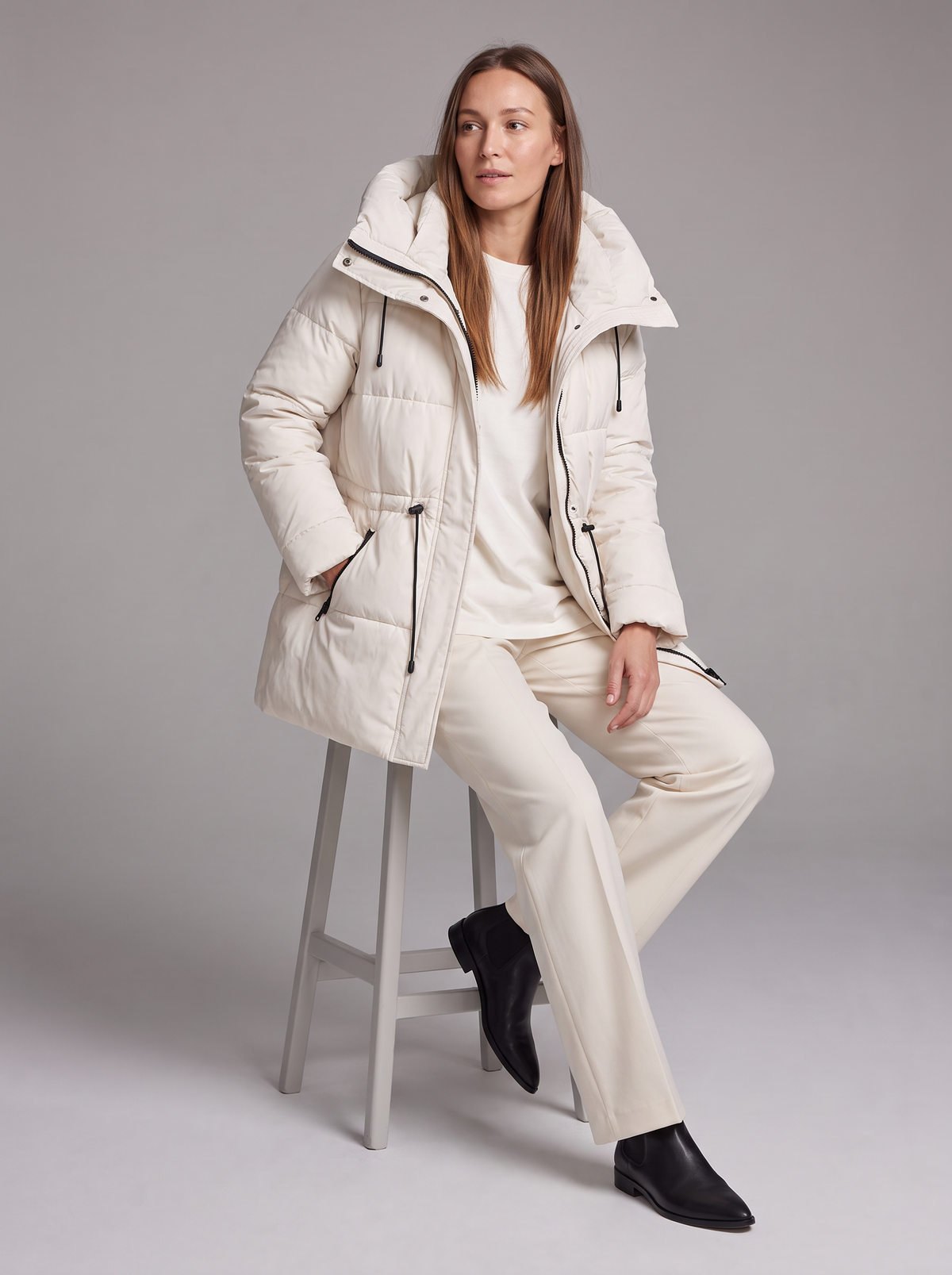 Women's Beige Hooded Puffer Coat, Quilted, Zip Front