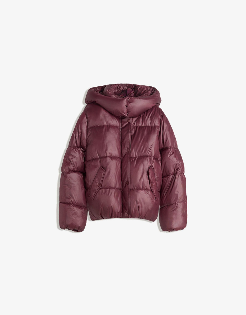 Women's Burgundy Puffer Jacket, Hooded, Quilted, Long Sleeve