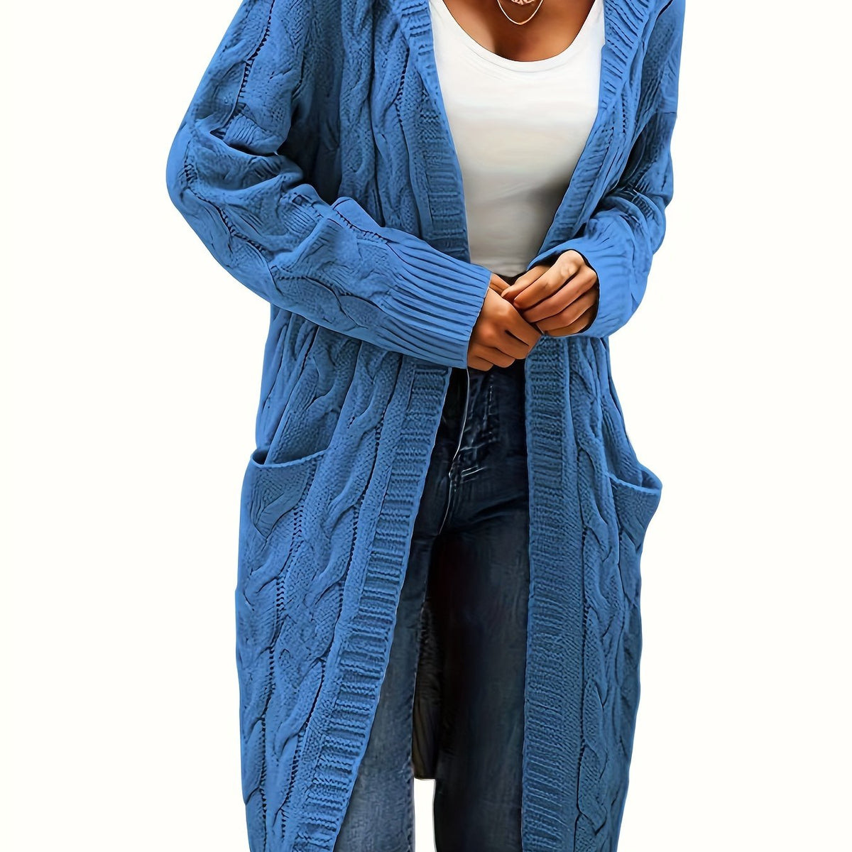 Women's Long Cable Knit Cardigan, Open Front, Long Sleeves