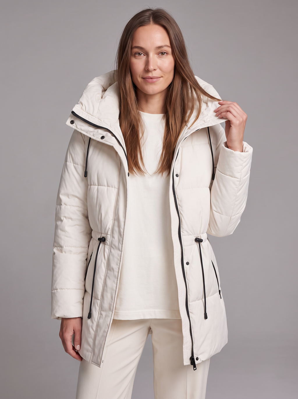 Women's Beige Hooded Puffer Coat, Quilted, Zip Front