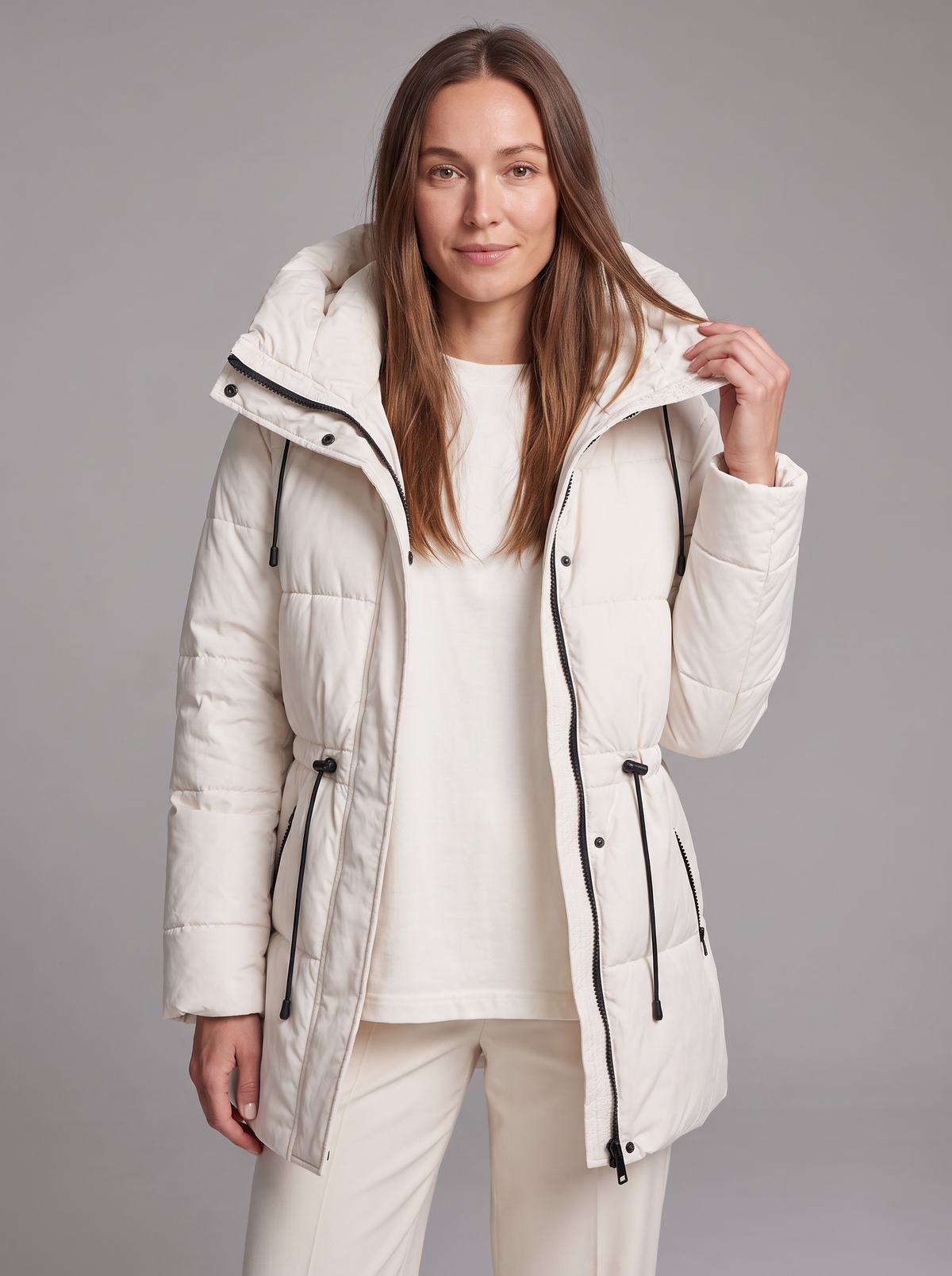 Women's Beige Hooded Puffer Coat, Quilted, Zip Front