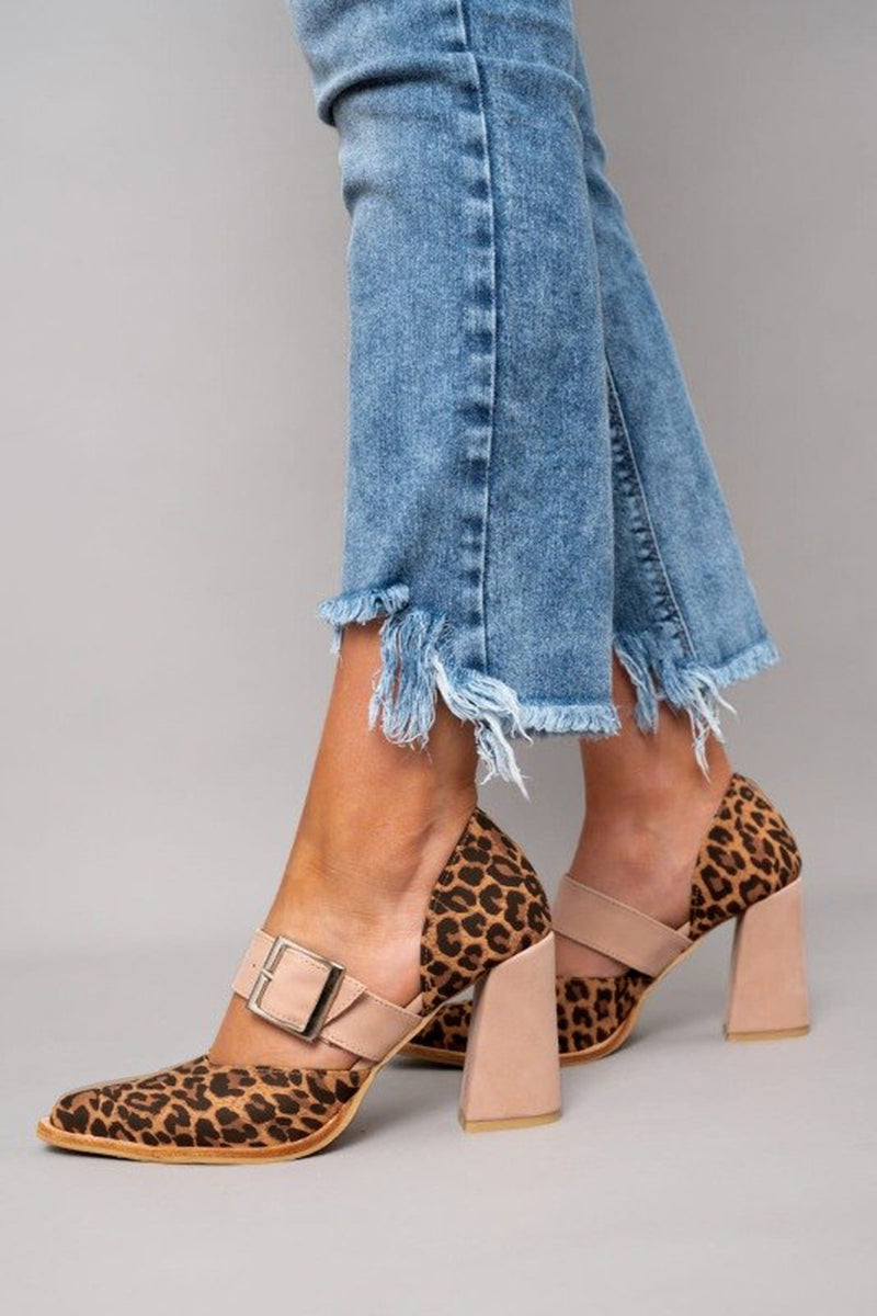 Women's Sandals with Leopard Suede Upper and Stable Heel