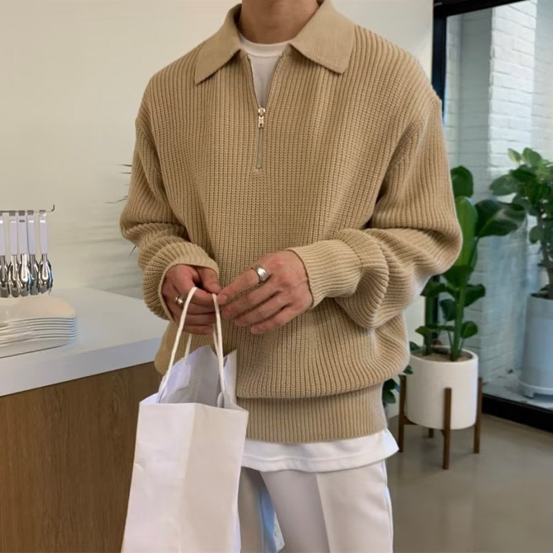 Men's Quarter Zip Rib Knit Sweater, Collared, Long Sleeves