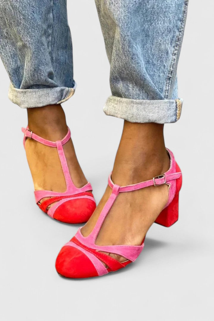 Women's Color Block T-Strap Heels with Ankle Strap