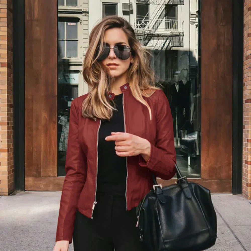Women's Leather Biker Jacket with Zipper Closure