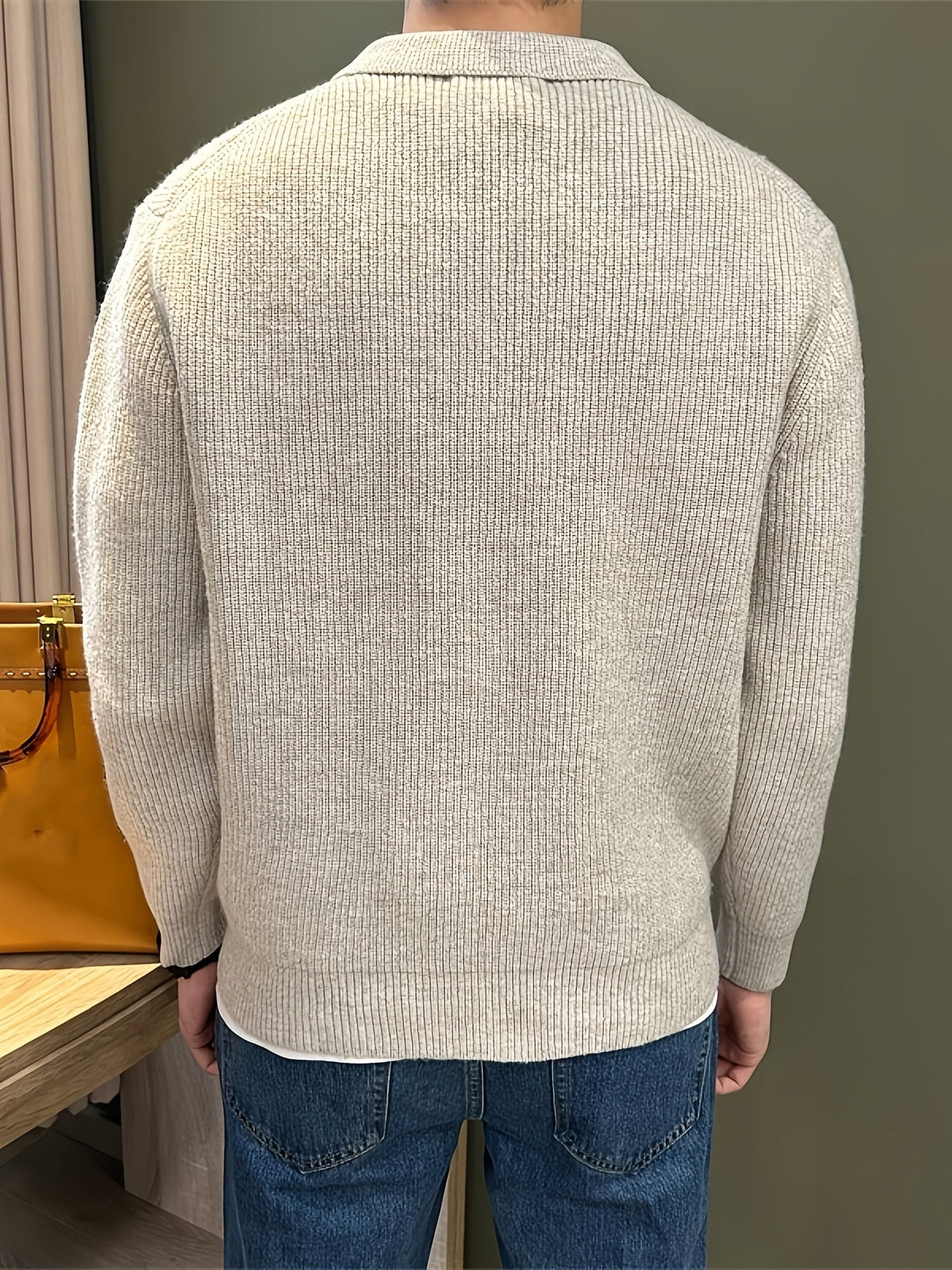 Men's Ribbed Knit Polo Sweater, Long Sleeve, Button Placket