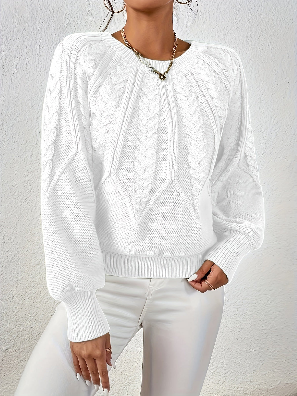 Women's Cable-Knit Raglan Sweater with Ribbed Hem