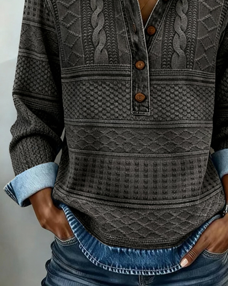 Women's Textured Collared Sweatshirt, Half Button, Long Sleeves
