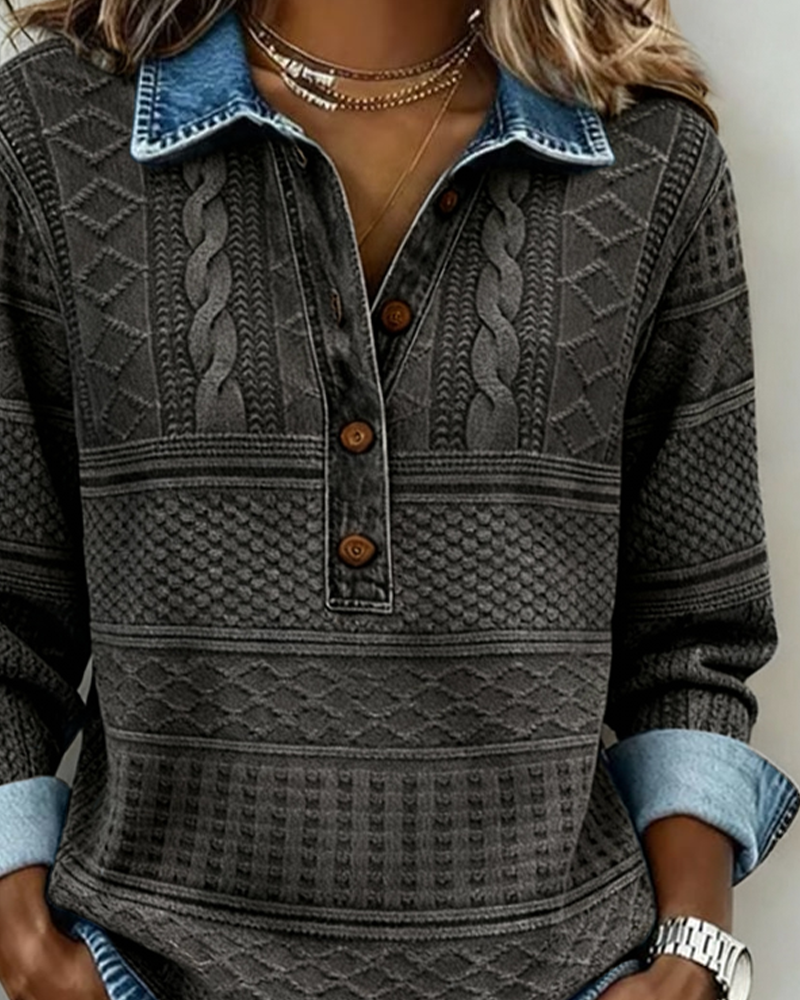 Women's Textured Collared Sweatshirt, Half Button, Long Sleeves