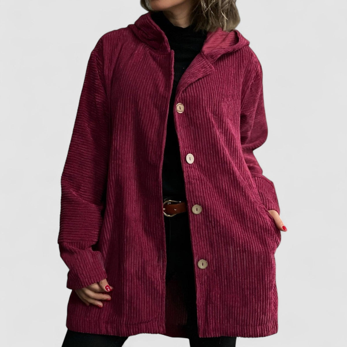 Women's Hooded Textured Jacket, Long Sleeves, Button Front