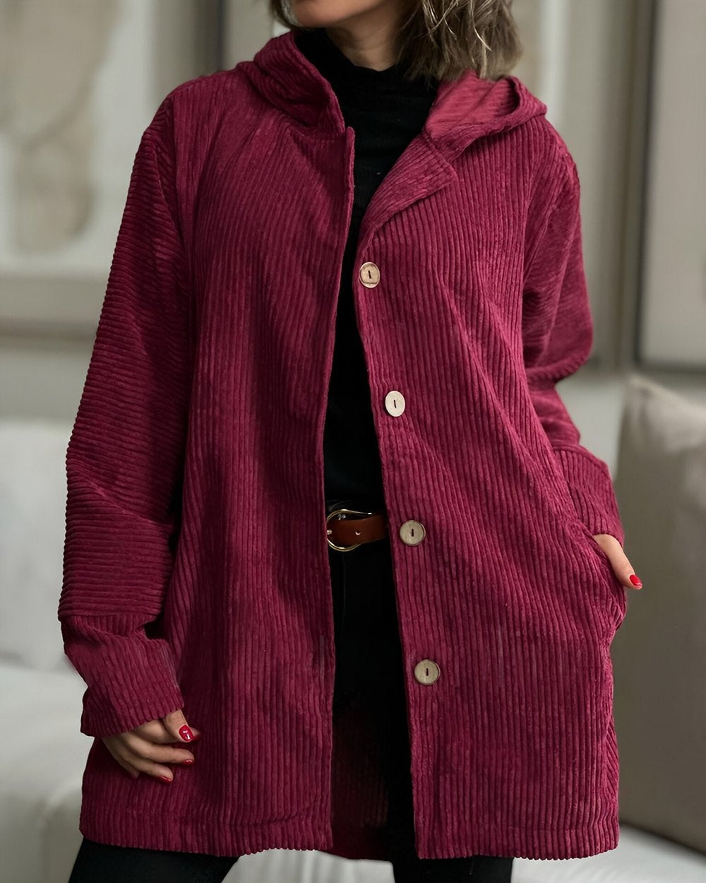 Women's Hooded Textured Jacket, Long Sleeves, Button Front