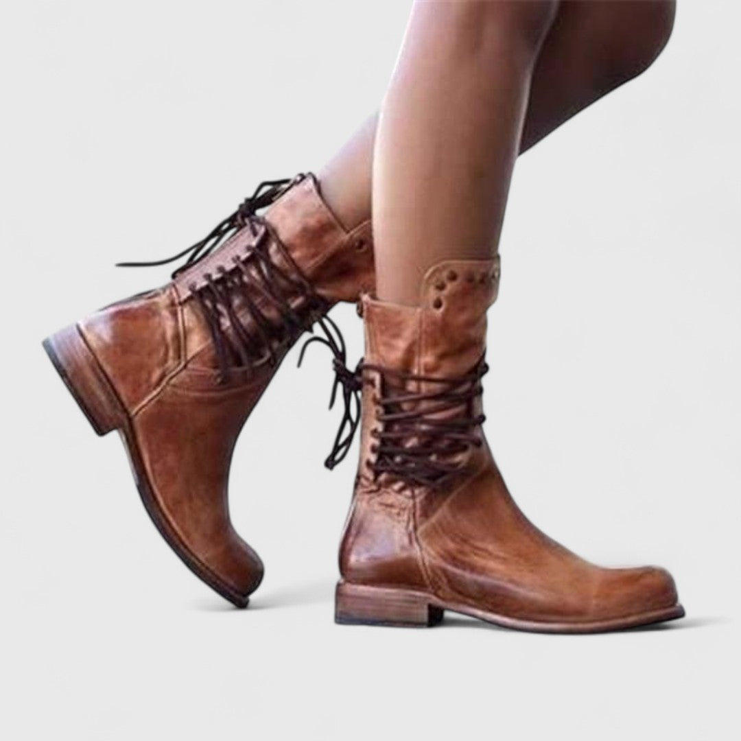 Women's Lace-Up Mid-Calf Boots, Studded Cuff, Block Heel