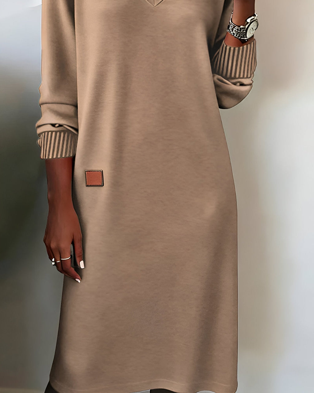 Women's V-Neck Long Sleeve Dress with Ribbed Cuffs