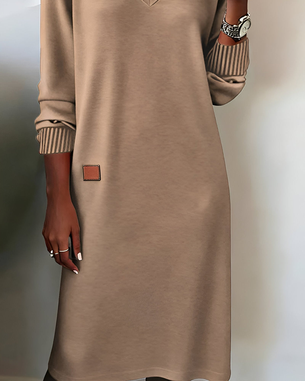 Women's V-Neck Long Sleeve Dress with Ribbed Cuffs