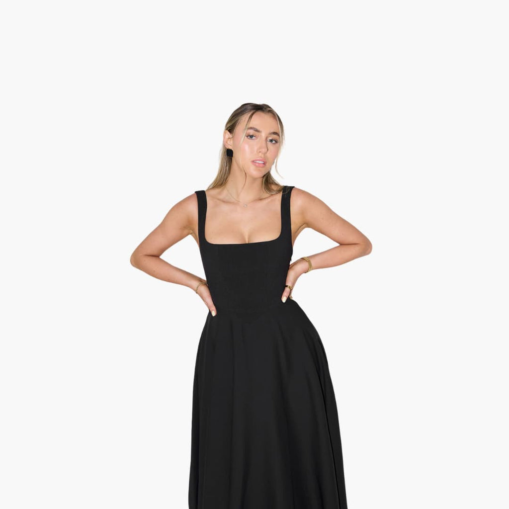 Women’s Midi Dress with Square Neckline and Flared Skirt