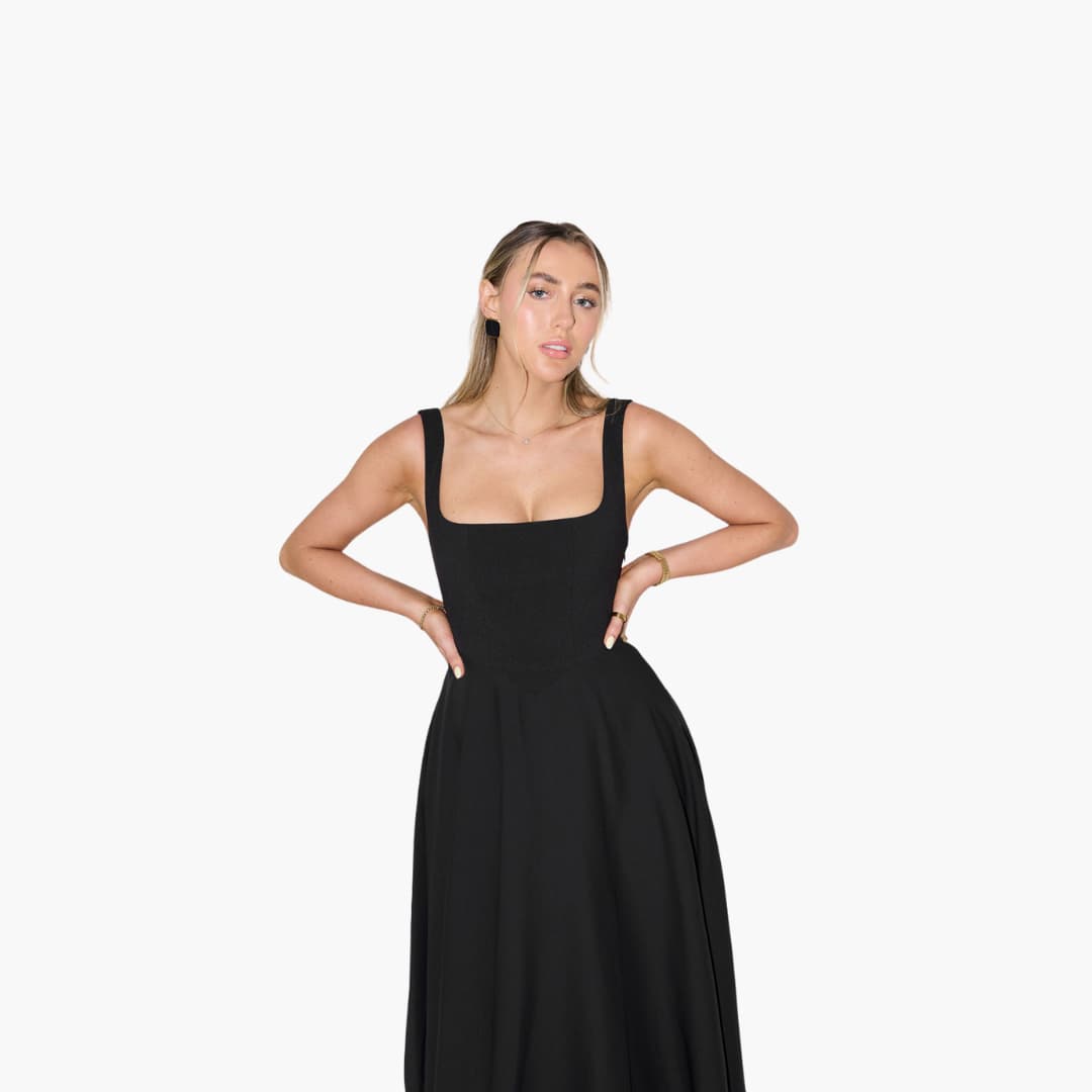 Women’s Midi Dress with Square Neckline and Flared Skirt