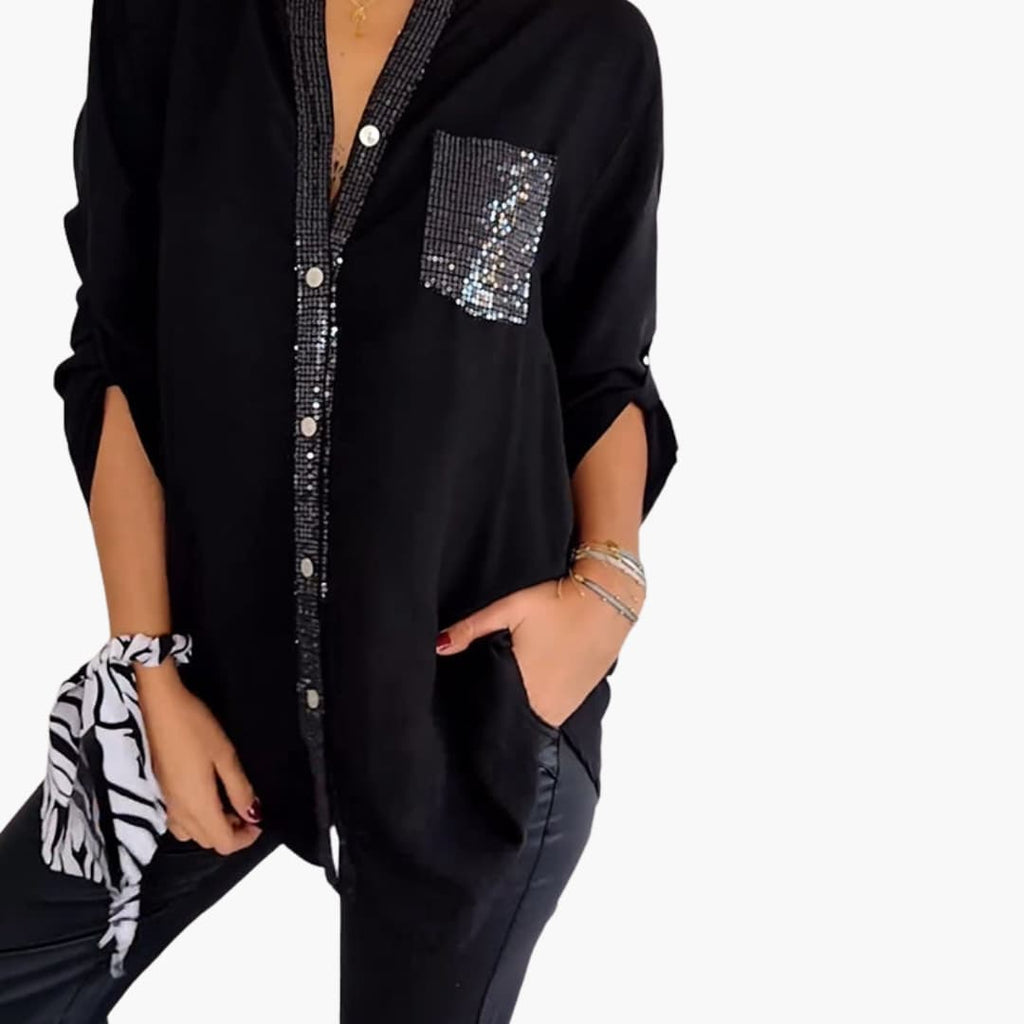 Women’s Long-Sleeve Blouse with V-Neck and Sequins