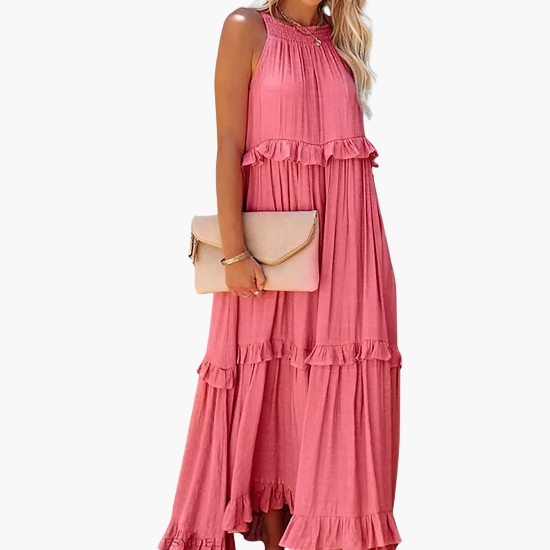 Women’s Maxi Dress with Cascading Ruffle Tiers and Adjustable Straps