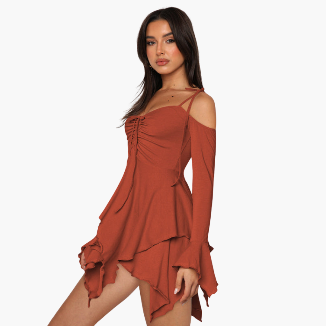 Women’s Mini Dress with Off-the-Shoulder Neckline and Layered Design