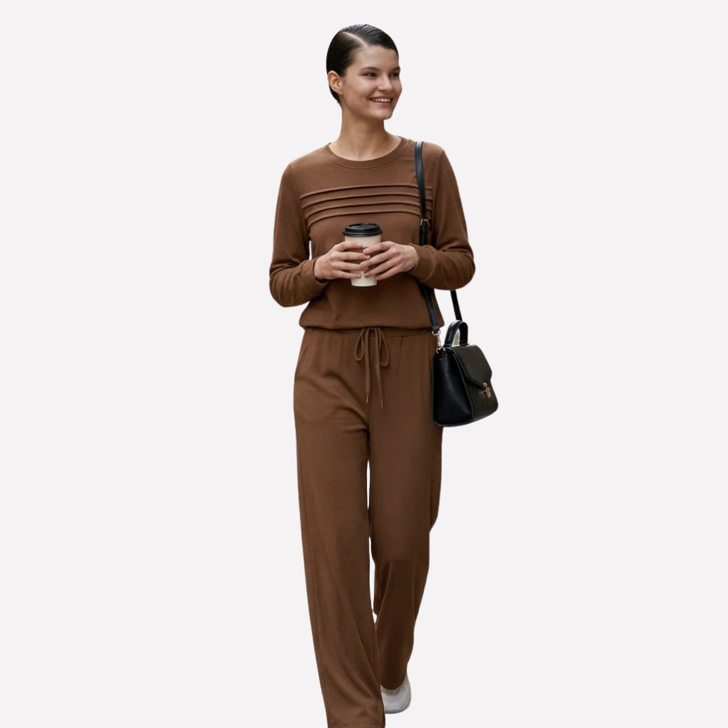 Women's Two-Piece Lounge Set Wide Leg Pants Crewneck Top