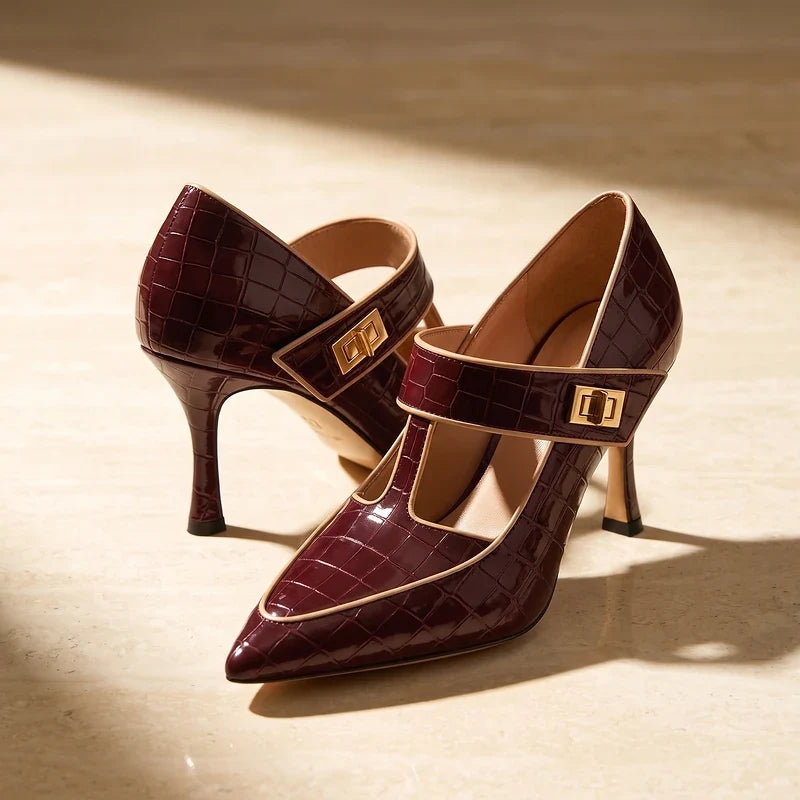 Henriette Croc Embossed T-Strap Heels