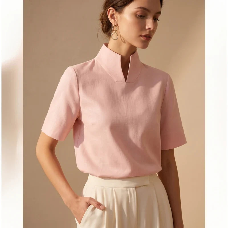 Odile V Cut Mock Neck Blouse