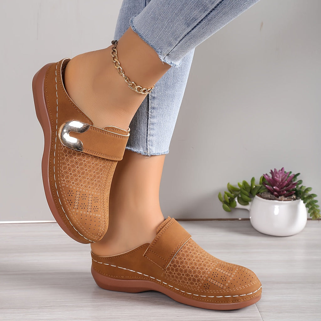 Women's Slip-On Mule with Laser-Cut Detail and U-Shaped Ornament