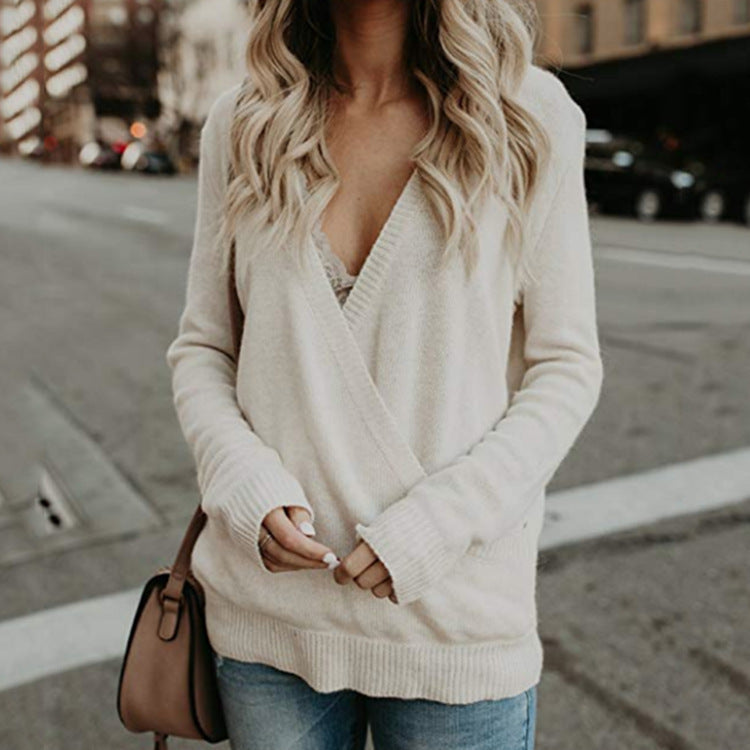 Women's Wrap-Front V-Neck Sweater Long Sleeve Knit