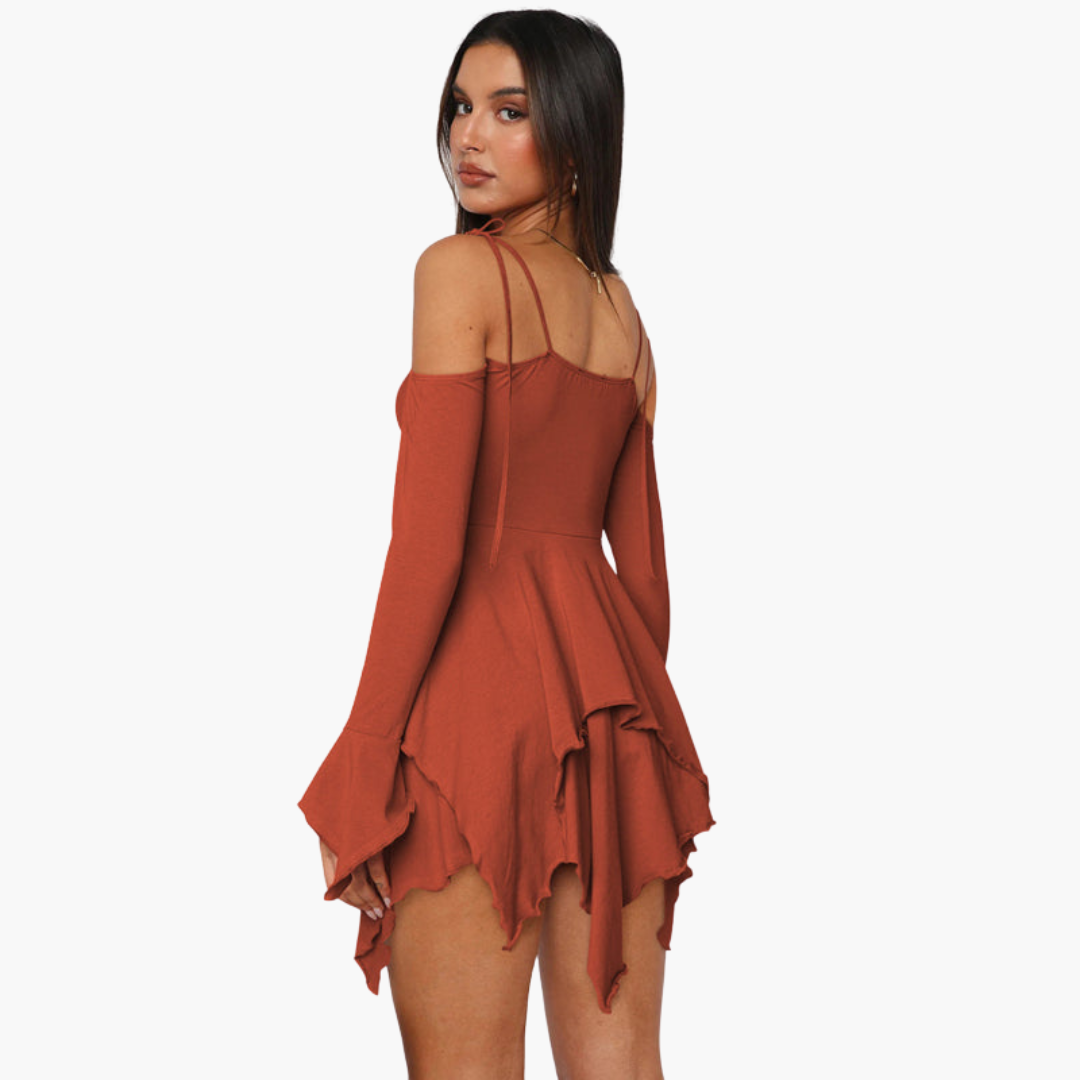 Women’s Mini Dress with Off-the-Shoulder Neckline and Layered Design