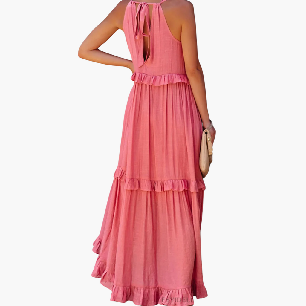 Women’s Maxi Dress with Cascading Ruffle Tiers and Adjustable Straps