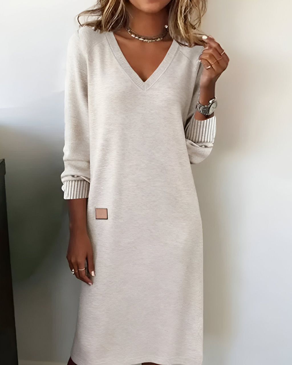 Women's V-Neck Long Sleeve Dress with Ribbed Cuffs