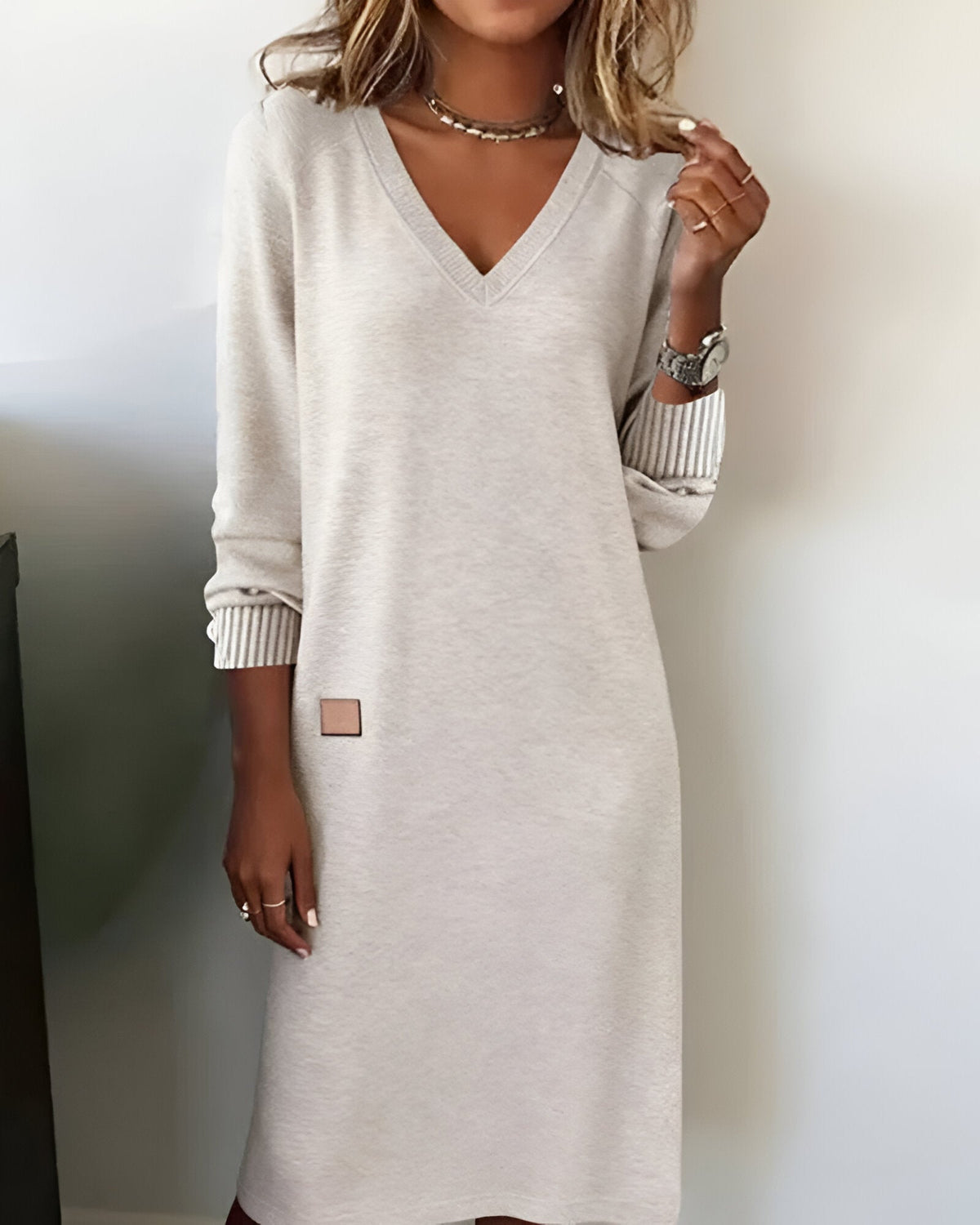 Women's V-Neck Long Sleeve Dress with Ribbed Cuffs