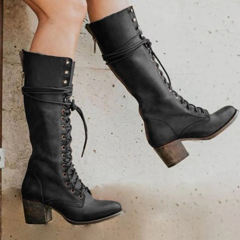 Women's Knee-High Lace-Up Boots, Block Heel, Side Zip