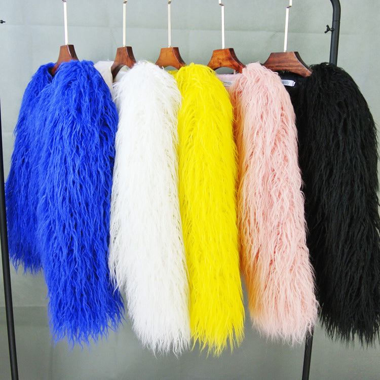 Women's Shaggy Faux Fur Jacket Round Neck Long Sleeve