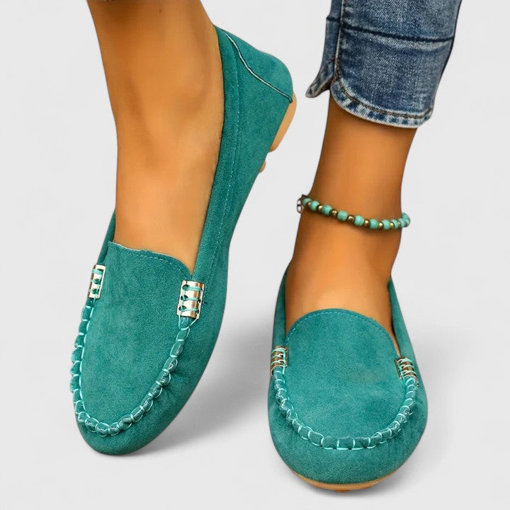 Women's Suede Loafers with Moccasin Stitching and Flat Rubber Sole