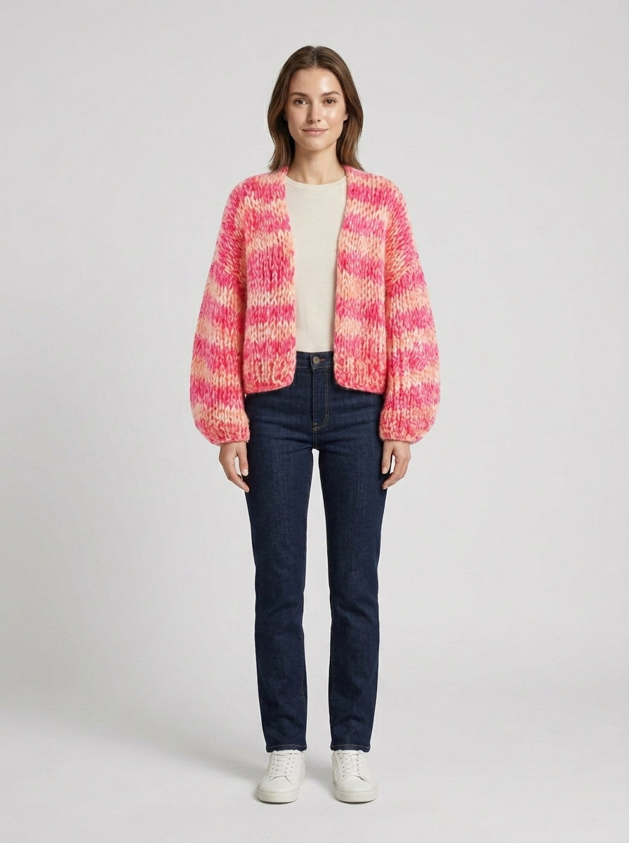 Women's Pink Striped Open-Front Cardigan, Textured Knit, Long Sleeves