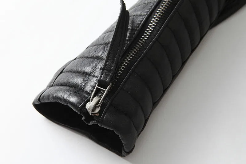 Women's Quilted Moto Jacket with Stand Collar and Zip Front