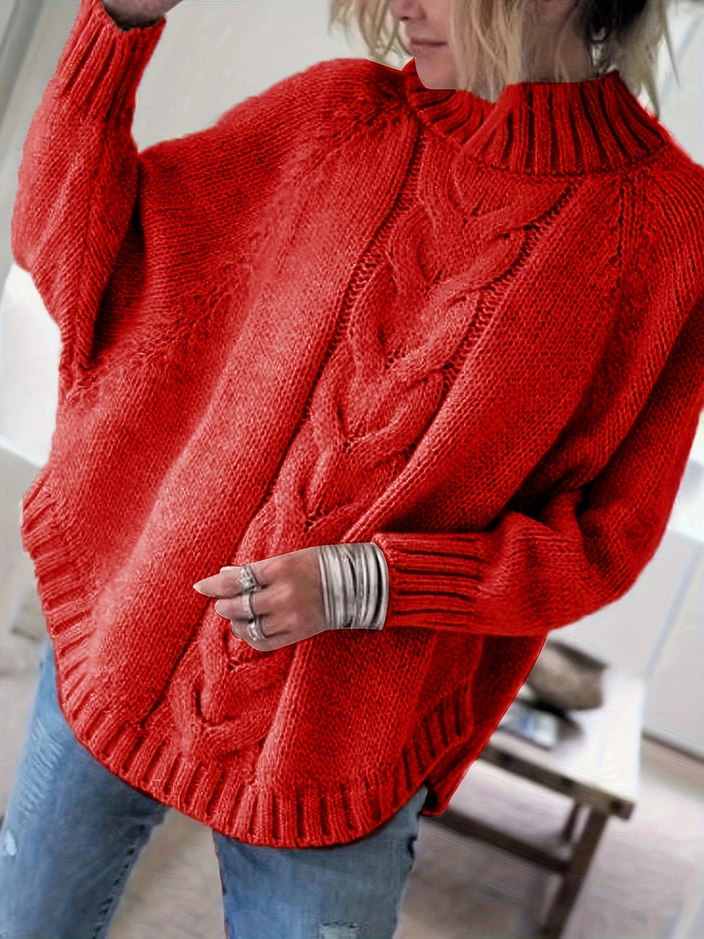 Women's Cable-Knit High-Neck Sweater Relaxed Fit